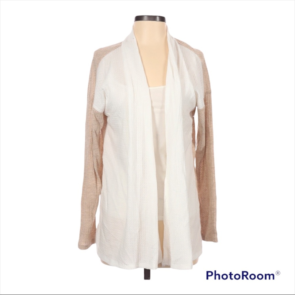 Bobeau Open Front Long Sleeve Waffle Knit Sweater Ivory Oatmeal